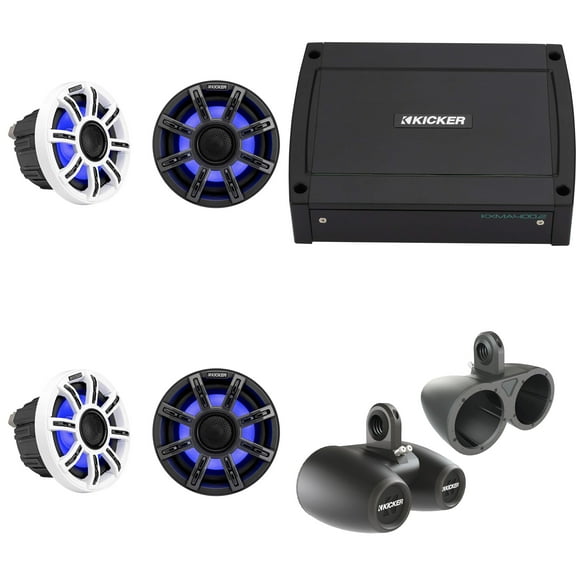 Kicker Premium Marine 6.5" 51MSC65 (2 Pair ) With 12KMTED Black Enclosures Includes 48KXMA4002 Amp, UTV / Wake Boarding