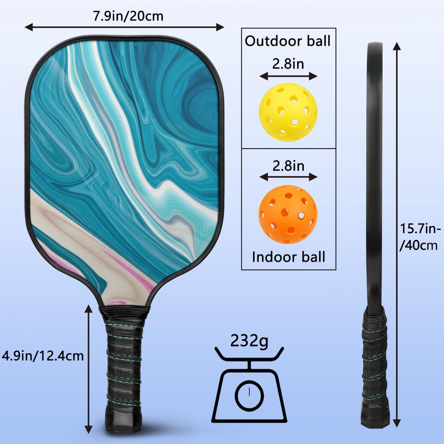 Pickleball Paddles Set Of 2, Fiberglass Surface, Liquid & Marble Print, 4 Balls & Bag