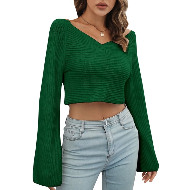Camiseta mujer, Jersey corto de mujer con cuello en V y manga larga, jerséis informales Abody Verde/Grande