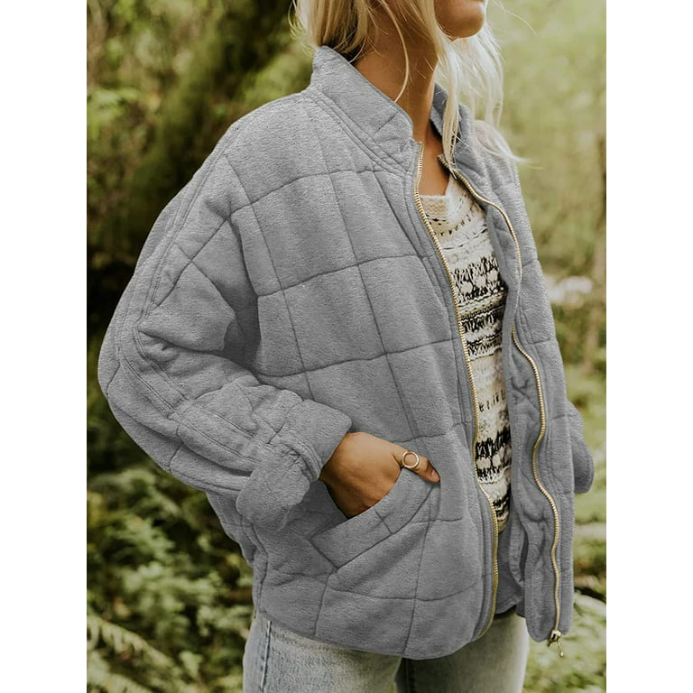 LEZMORE Women's Lightweight Quilted Jacket Winter Warm Jacket Solid Color  Stand-Up Collar Cotton Jacket Loose Pocket Long Sleeve Jacket Tops Women 