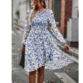 thumbnail image 3 of Vestido de manga larga para mujer, cuello redondo, vestido suelto, estampado a media cintura, falda informal elegante para mujer, azul XL, 3 of 8