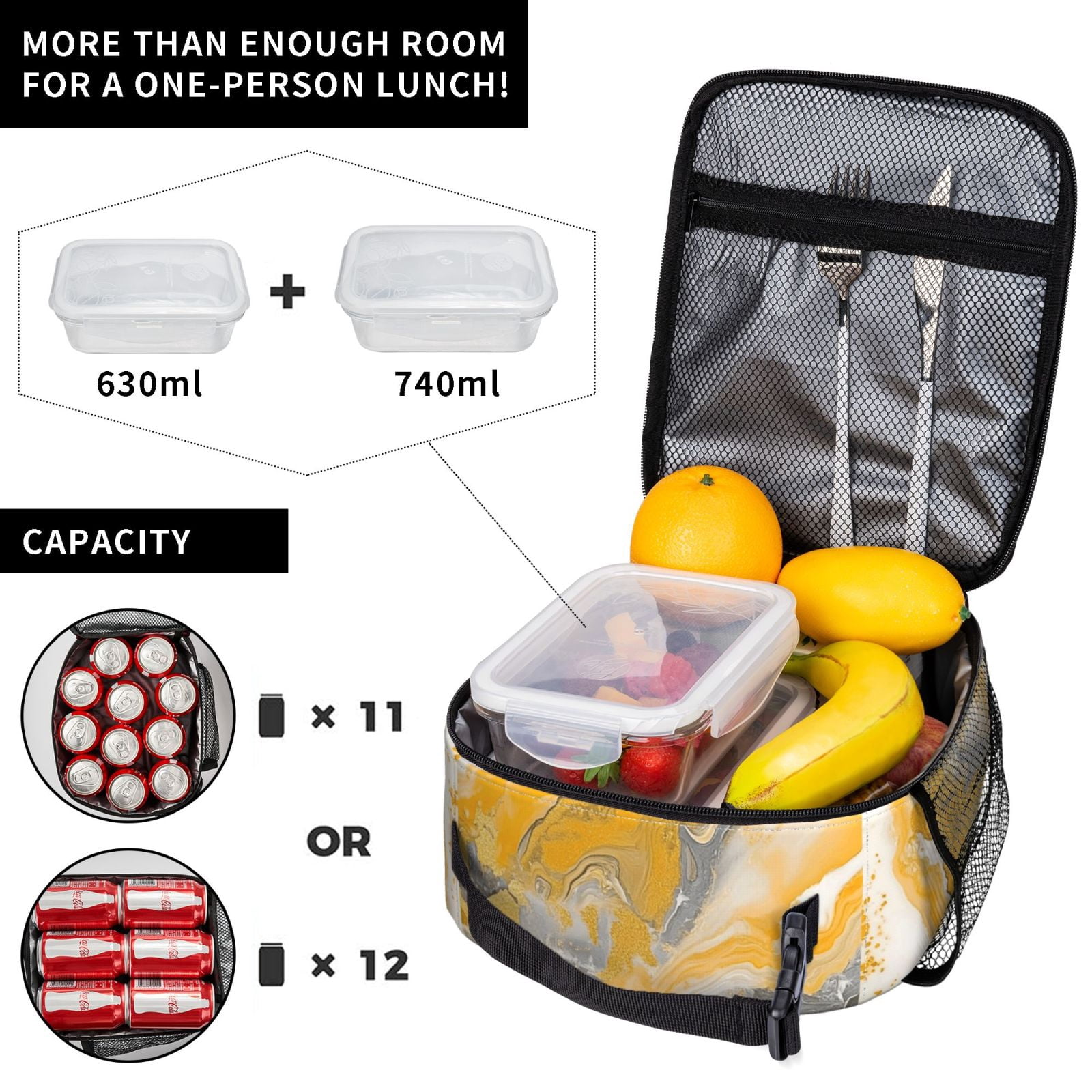 Lunch Bag For Women Men Insulated Portable Lunch Box Bento Box Office Picnic Travel Cooler Bag Gold Marble_4