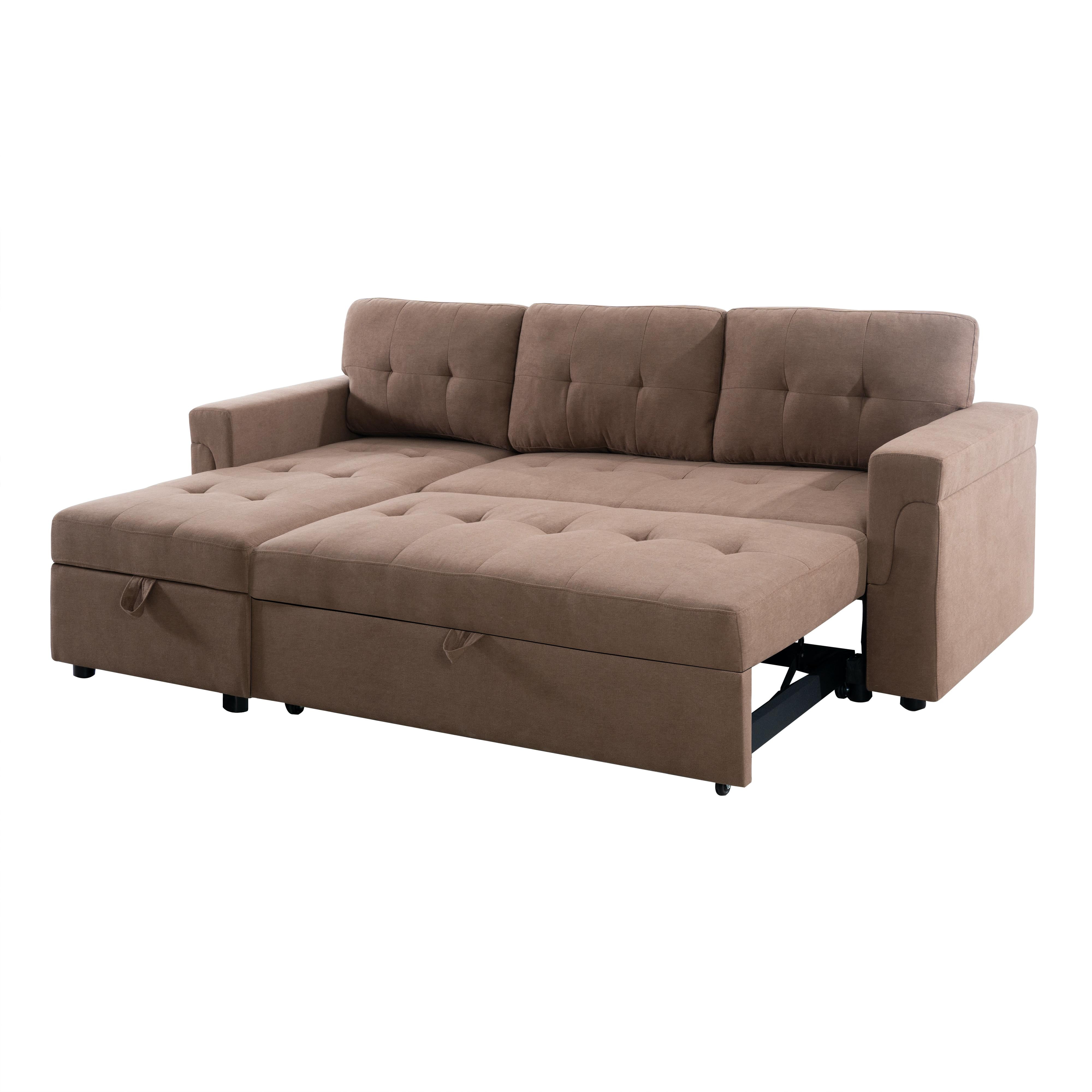 78 in. W Convertible Sleeper Sectional Sofa, L Shaped Couch for Small Space Living Room, Storage Chaise, L Shaped Pull Out Sofa -Color:Mocha,Fabric:Velvet