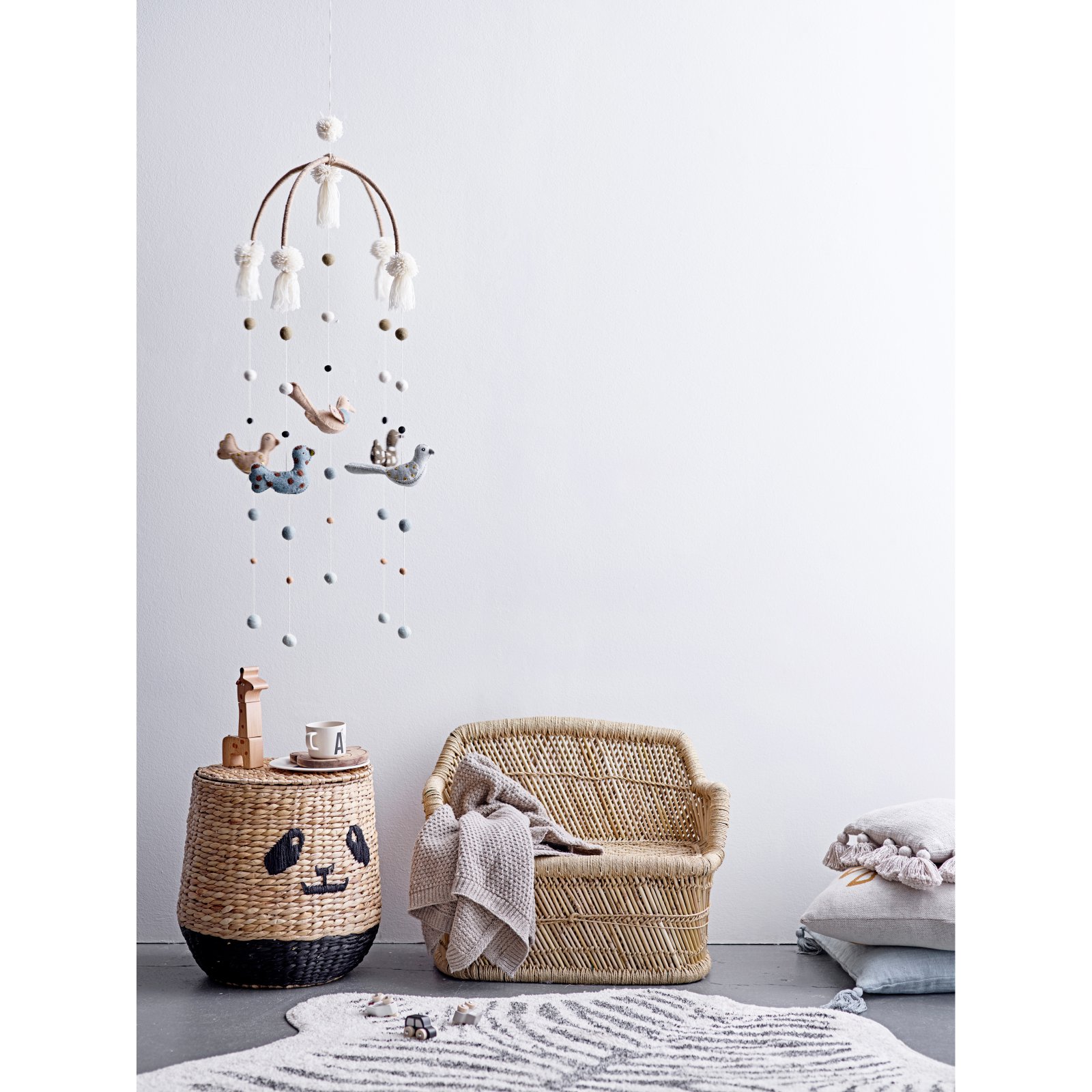 Bloomingville Handwoven Beige & Black Panda Face Rattan Basket with Lid