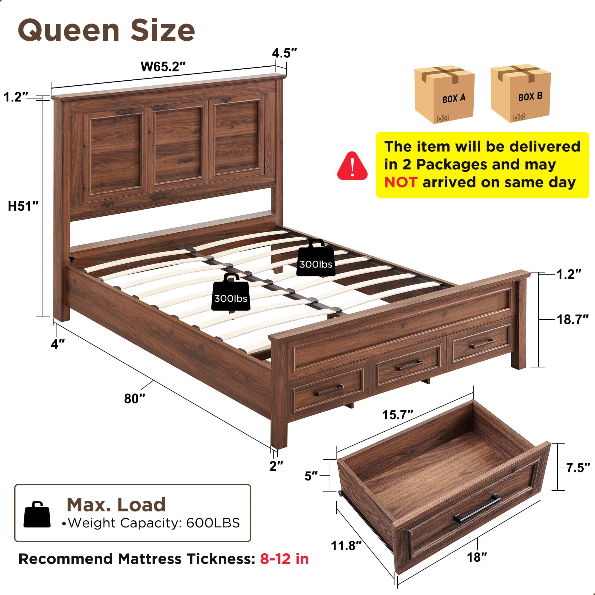 ACCOHOHO Rustic Queen Size Bed Frame with 52" Tall Full-Panel Headboard, Wood Platform Bedframe with Footboard and Storage Drawers, No Squeak, No Box Spring Needed, Brown