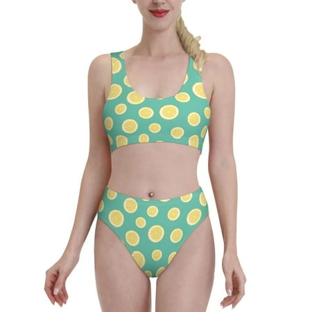 Bikini Sets For Women  Darkgreen Lemon High Waisted Bikini Sets Bathing Suit 2-Piece Drawstring Swimsuit