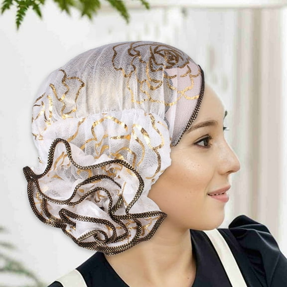 BingTong Flower Lace Turban Floral Lace Headscarf Hats Beanie Cap Stretchy Hair Wrap for Women Headwrap Headscarf Bonnet Indian Cap Hair Loss Hat Gauze With Ruffled Edges White