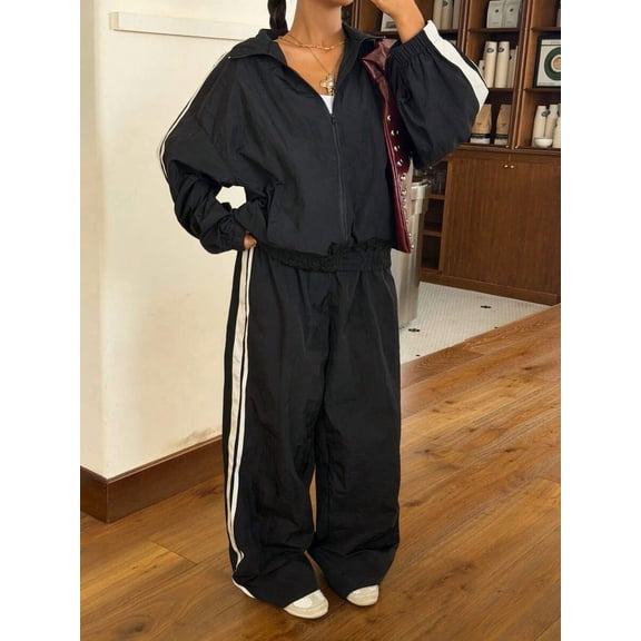 Women's 2-Piece Color Block Tracksuit Set, Zip-Up Jacket and Loose Wide Leg Pants, Casual Sporty Matching Outfit