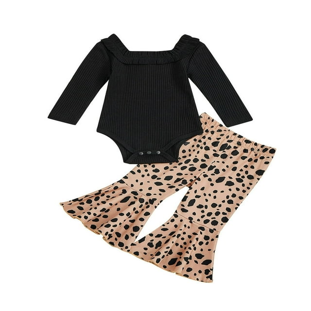2 Pieces Baby Suit Set Solid Color U-Neck Long Sleeve Ruffle Romper+ Floral Print Flared Pants for Girls 0-18 Months