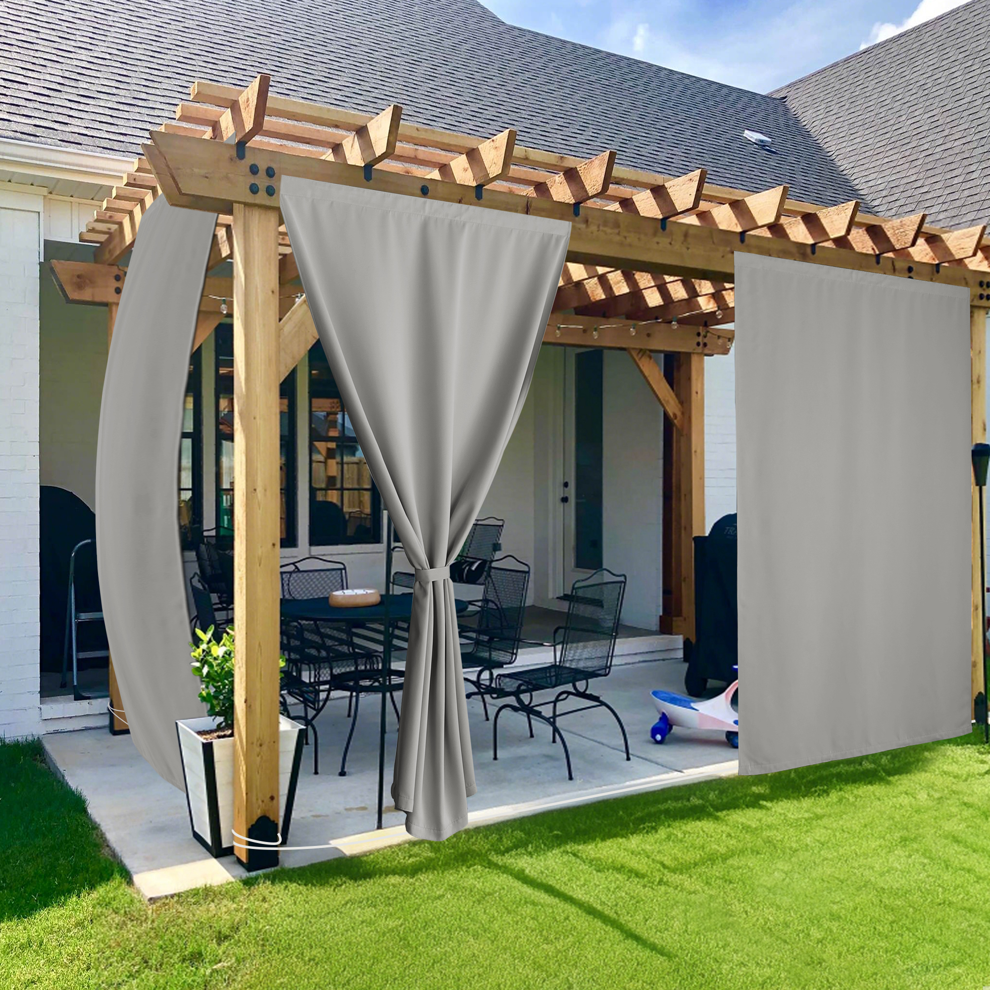 NICETOWN Rod Free 2 Panels Outdoor Curtain for Patio Waterproof Sticky Top & Backtab Bottom with Free Rope Privacy Windproof Drapes for Gazebo/Porch, Sliver Gray, W52 x L84