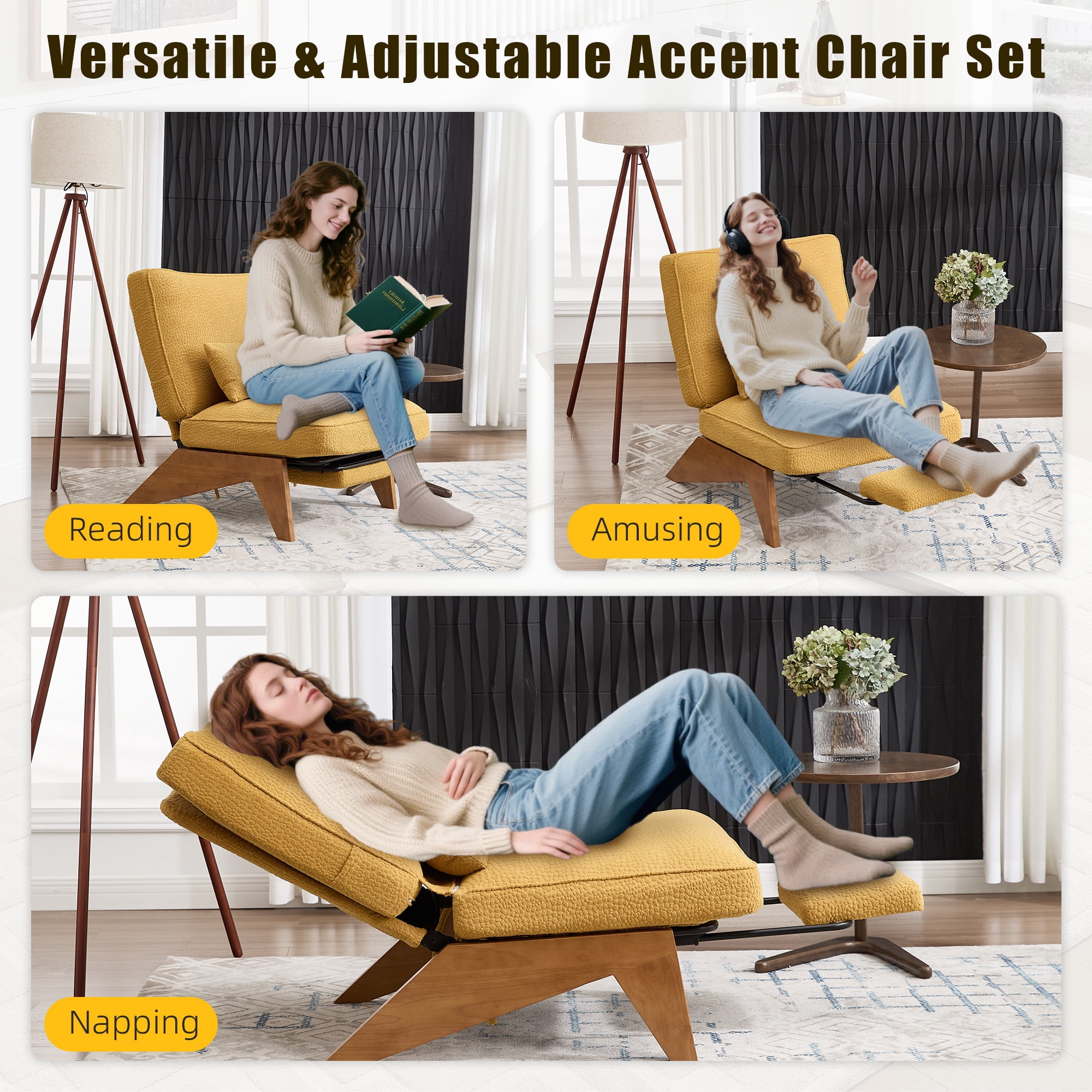 Homefun Modern Adjustable Lounge Chair with Footrest,Wooden Base Upholstered Recliner for Reading Rest Circle Fleece