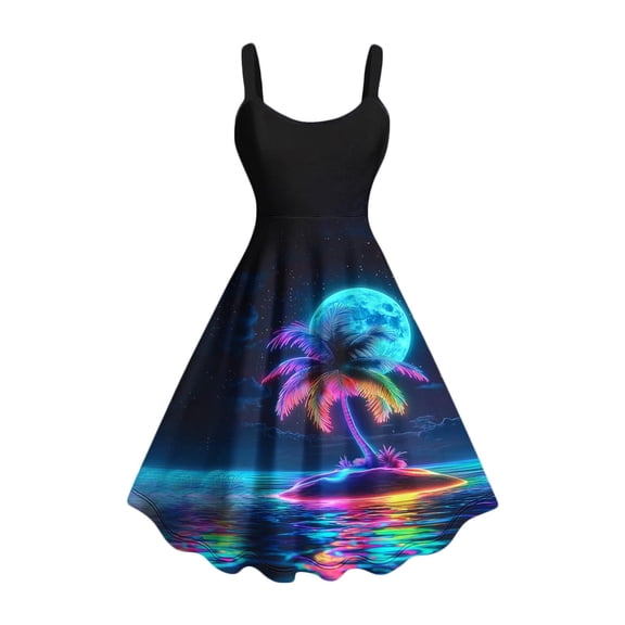 Tnhcen Women's Summer Sleeveless Bodycon Midi Dress, Neon Tropical Print Round Neck Dress Plus Size S-4XL Casual Party Beach Dress