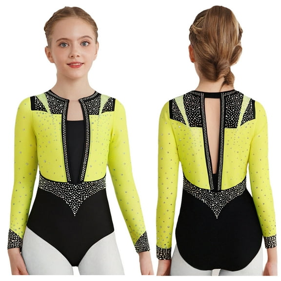 iixpin Kids Girls Rhinestones Gymnastics Leotard Long Sleeve Figure Skating Bodysuit Lyrical Dancewear Fluorescent Yellow 14