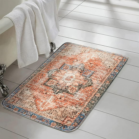 Terracotta Oriental Persian Bathroom Rugs with Thicken Non-Slip Rubber Backing 20’’W x 31’’L, Boho Tribal Vintage Traditional Soft Velvet Absorbent Foam Bath Mat Rug Washable, Quick Drying