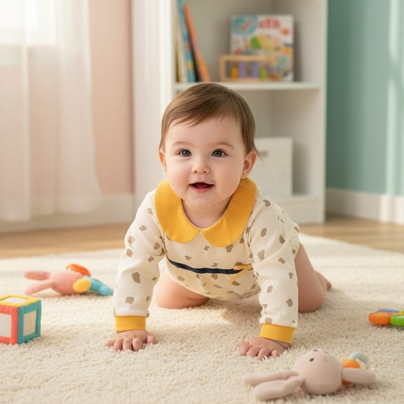 Soft Cotton Baby Bodysuit with Adorable Dots, Chic Collar, and Stylish Bow for Girls