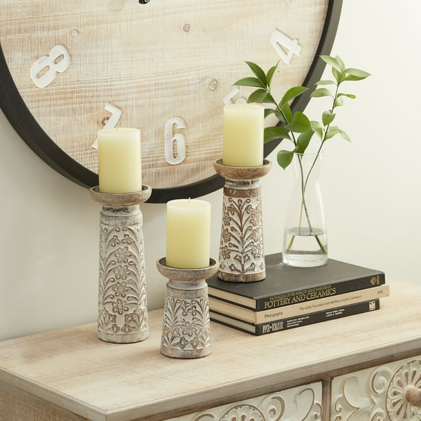 DecMode 3 Candle Light Brown Mango Wood Handmade Floral Carved Pillar