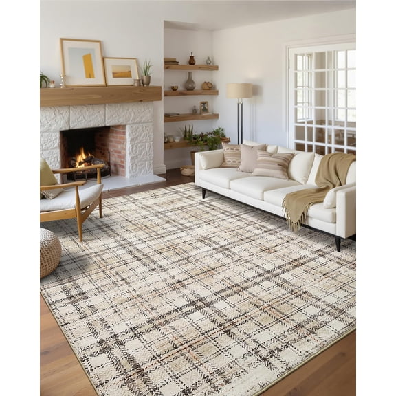 Modern Plaid Washable Rug 9x12FT Rug for Living Room Soft Large Area Rug for Bedroom Tartan Non Shedding Non Slip Throw Rugs Stain Resistant Carpet for Dining Room Nursery,Beige