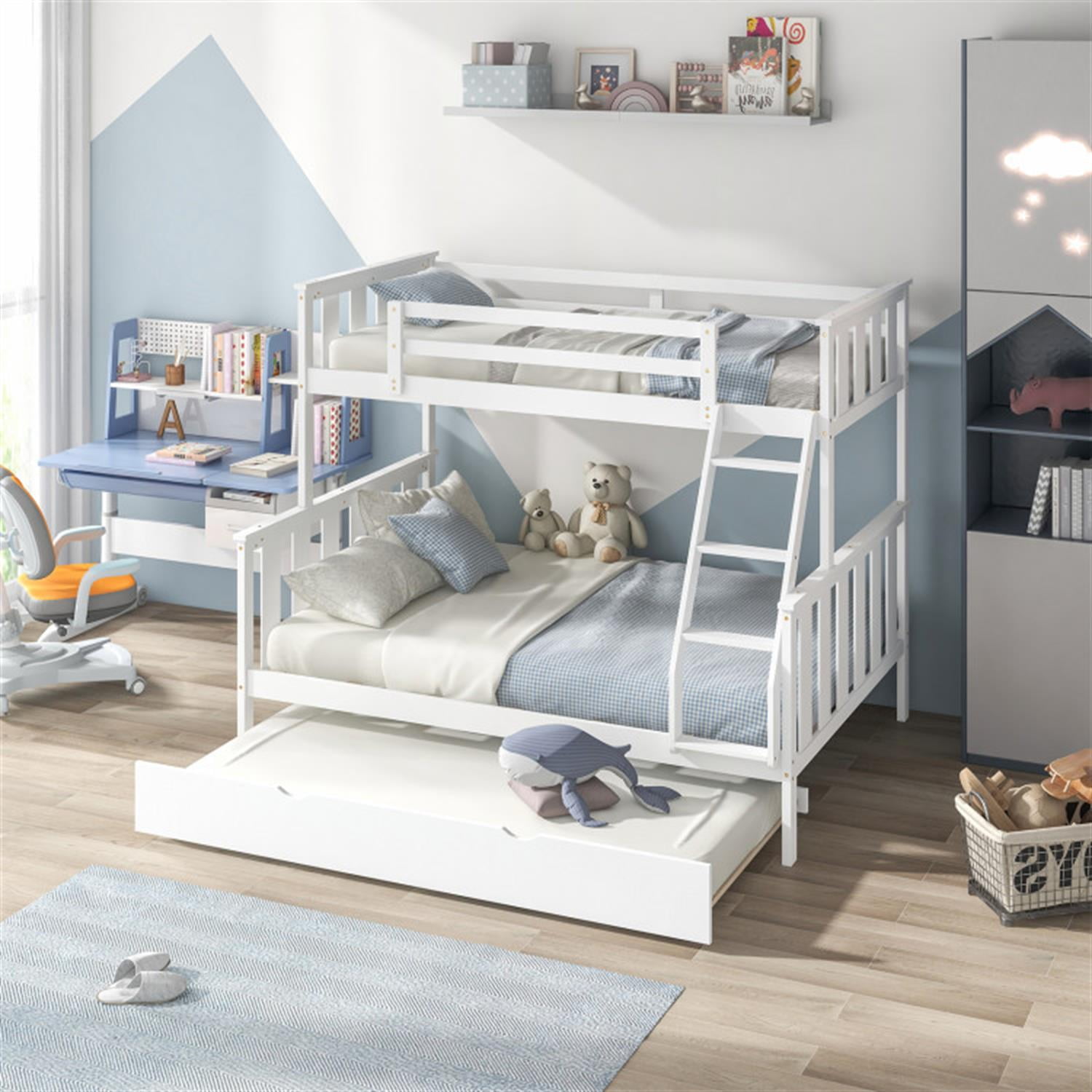 Demi Bonn 3-in-1 Twin Over Full Bunk Bed with Trundle and Ladder, Twin Bunk Beds, Bunk Beds, White