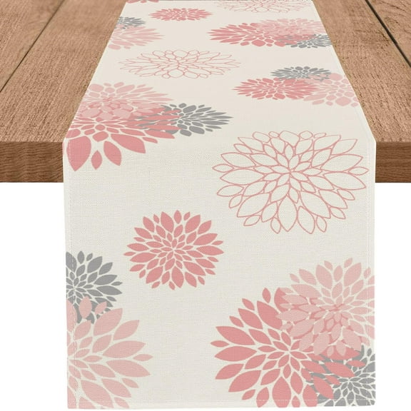 Pink Grey Table Runner Dahlia Flower Beige Burlap Table Runners Modern Elegant Pompon Farmhouse Table Center Decor for Home Kitchen Dining Party Patio (13x36 Inch)