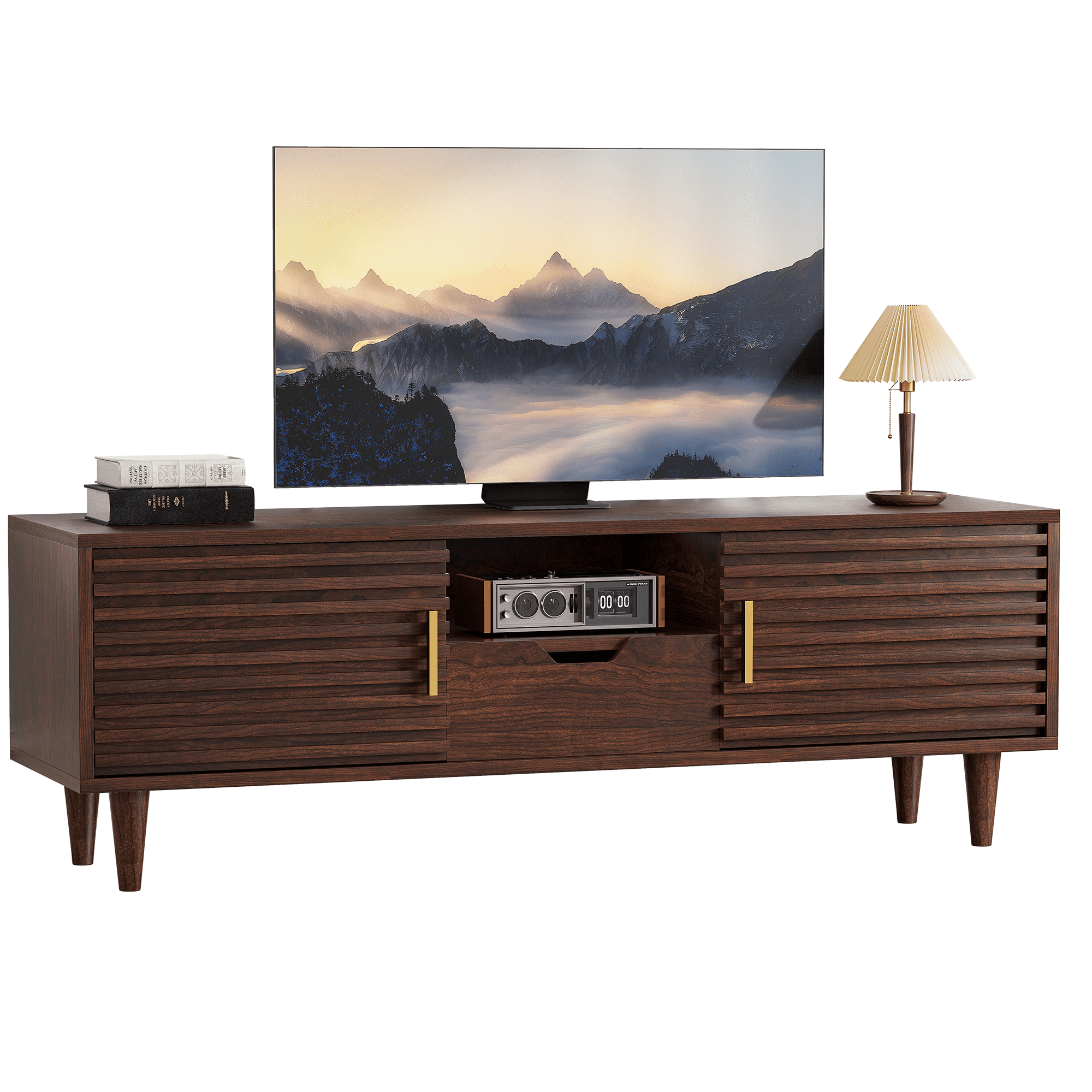Alohappy Mid-Century Modern TV Stand for TVs up to 60 inch, Sliding Door Wood TV Console with Storage Cabinet, Home Media Entertainment Center for Living Room (Vintage Brown)