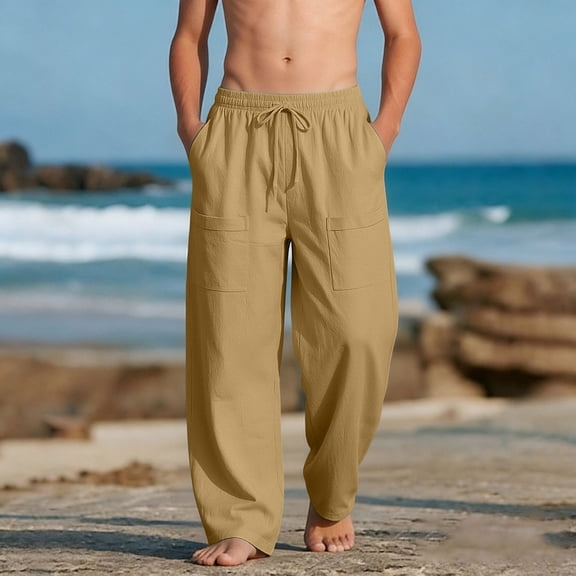 YTCAMLO Boys and Girls Beach Pants Classic Pull on Relaxed Fit Summer Pants with Pockets Lightweight Breathable Cotton Trousers, Yellow 4-5 Years