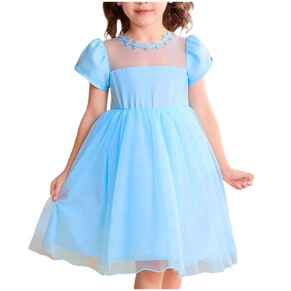 AINIYS Girls Short Sleeve Tulle A-Line Dress With Crew Neck And Hidden Back Zipper Lightweight Fabric For Princess Party And Pageant Blue 5 Years