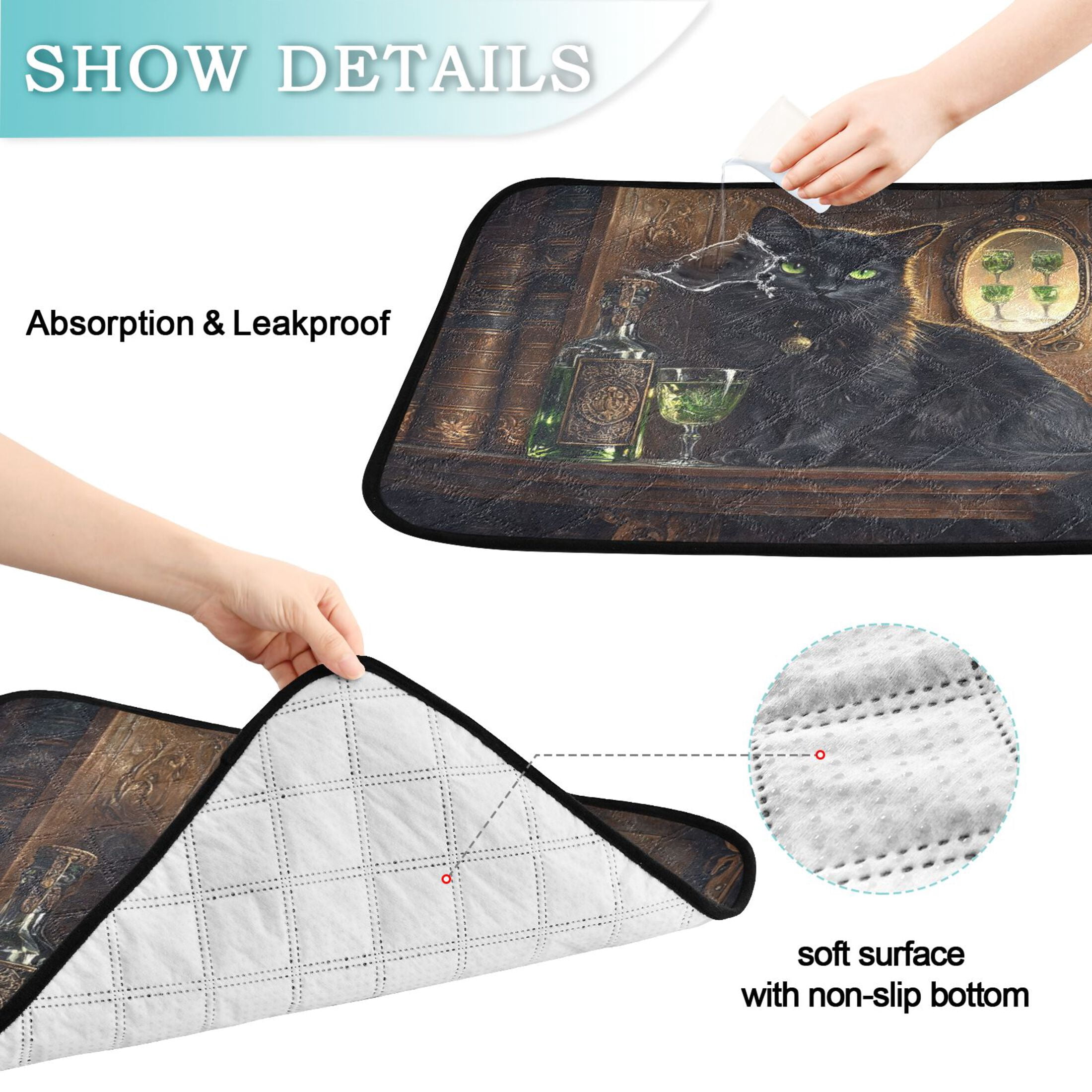 Qxltty Black Cat with Absinthe Cat litter Pads Pet Set of 3 Diaper Mats Center Anti-leakage Layer Absorbent Soft and Comfortable
