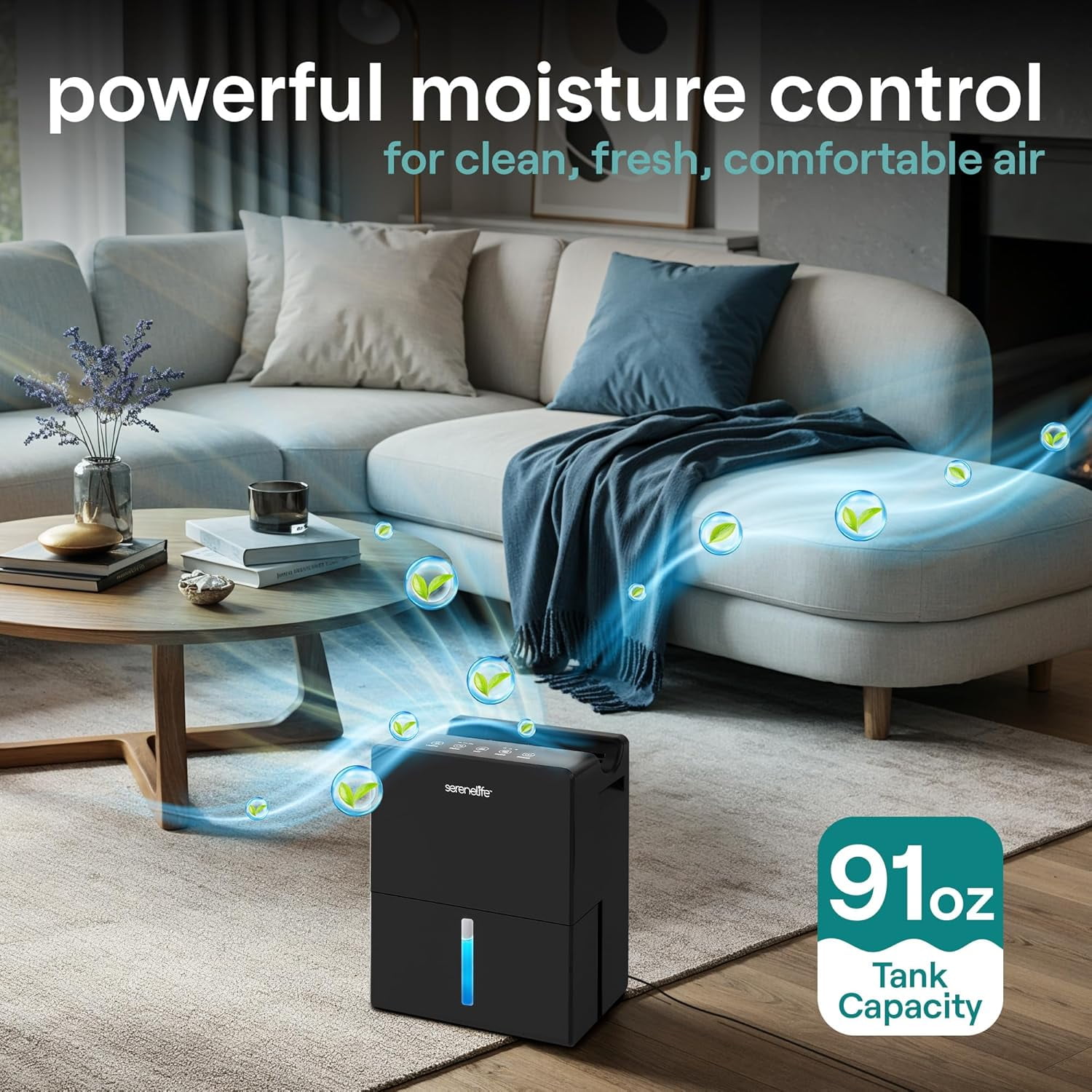 SereneLife 91 Oz Quiet Home Dehumidifier with Drying Base – Smart Humidity Control, Timer & Sleep Mode, Ideal for Bedroom, Bathroom & Basement, Up to 1200 Sq Ft Coverage (Black, 9 x 6 x 13 In)