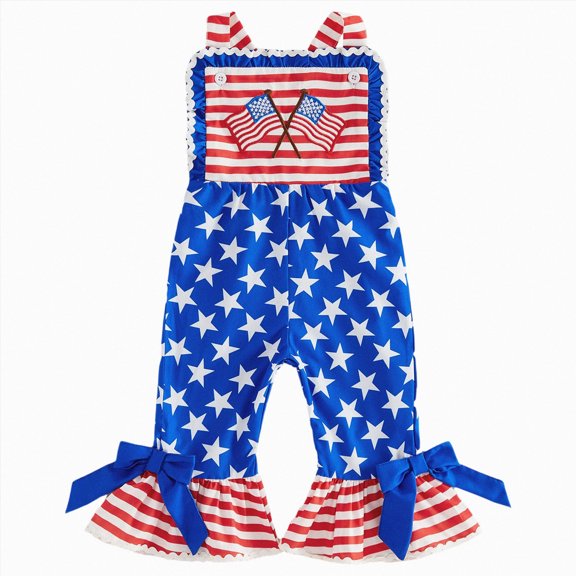 Splozh 4th Fourth of July Toddler Girl Outfit 12 18 24 Months 2T3T4T USA Romper Bell Bottoms Jumpsuit Red White and Blue Outfits,Blue,18-24 Months