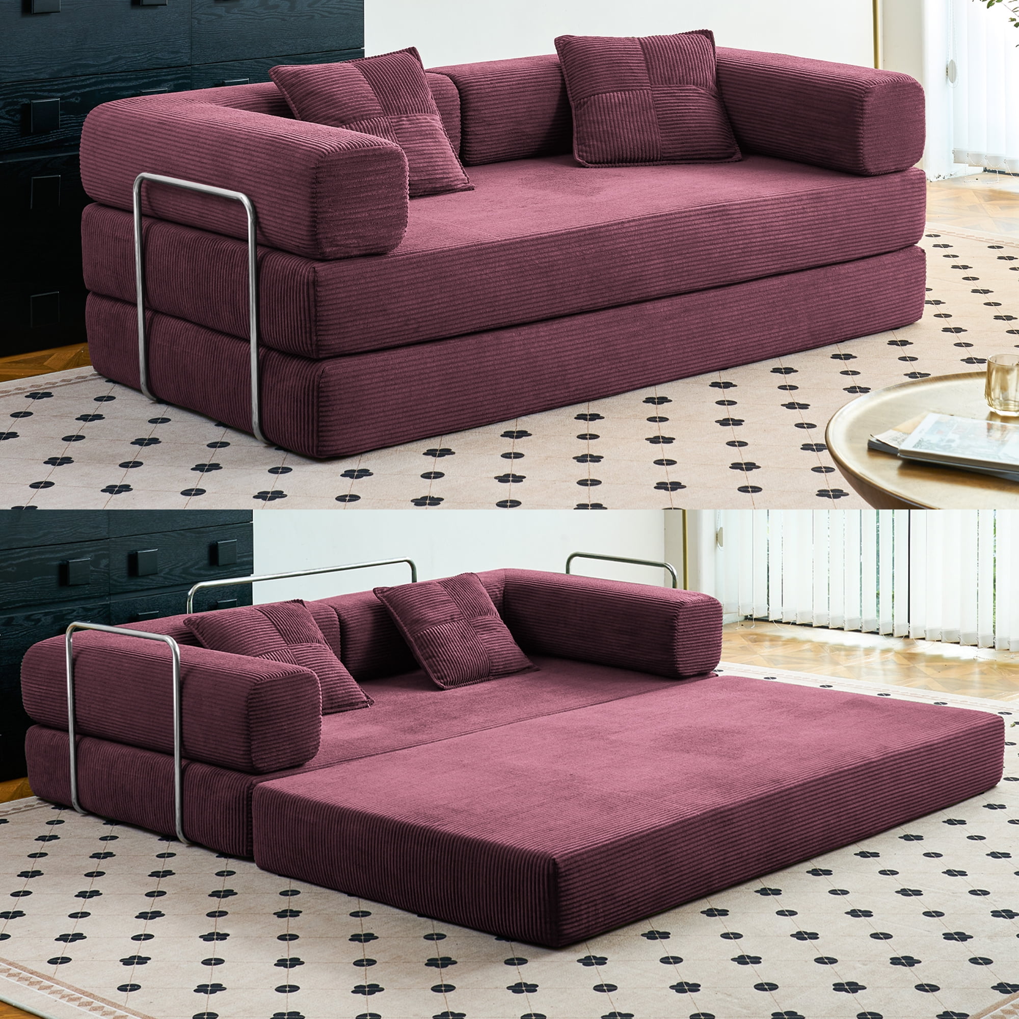 YINIX 81.6"  Convertible Sleeper Sofa Bed with 2 Pillows, Removable Floor Sofa Couch for Living Room Small Spaces, Red