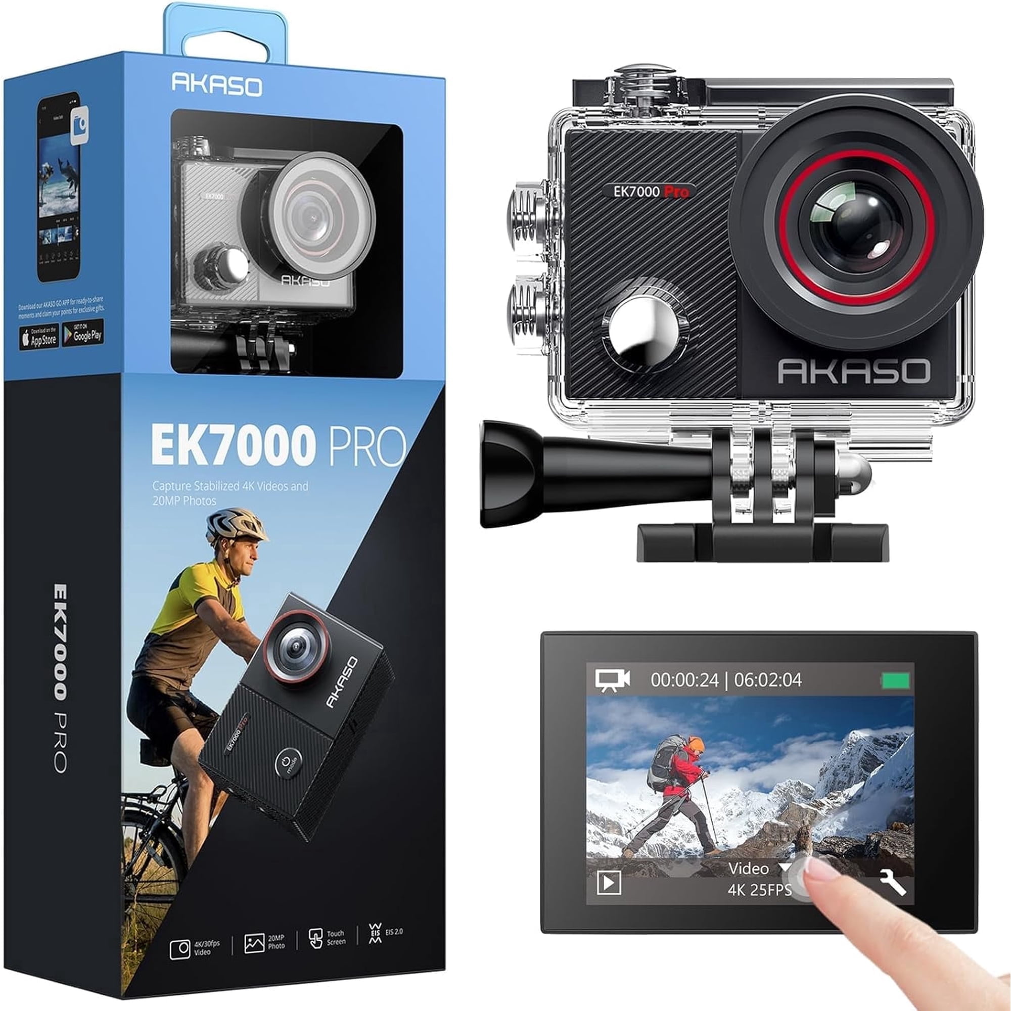 AKASO EK7000 Pro 4K30fps Action Camera with Touch Screen EIS 131ft Waterproof Underwater Camera Remote Control 5X Zoom with Helmet Accessories Kit