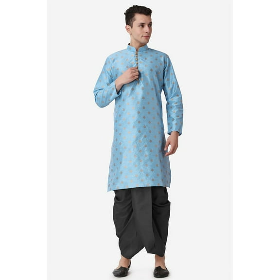 Royal Kurta Jacquard Silk Printed Firozi Kurta Black Dhoti Set for Men