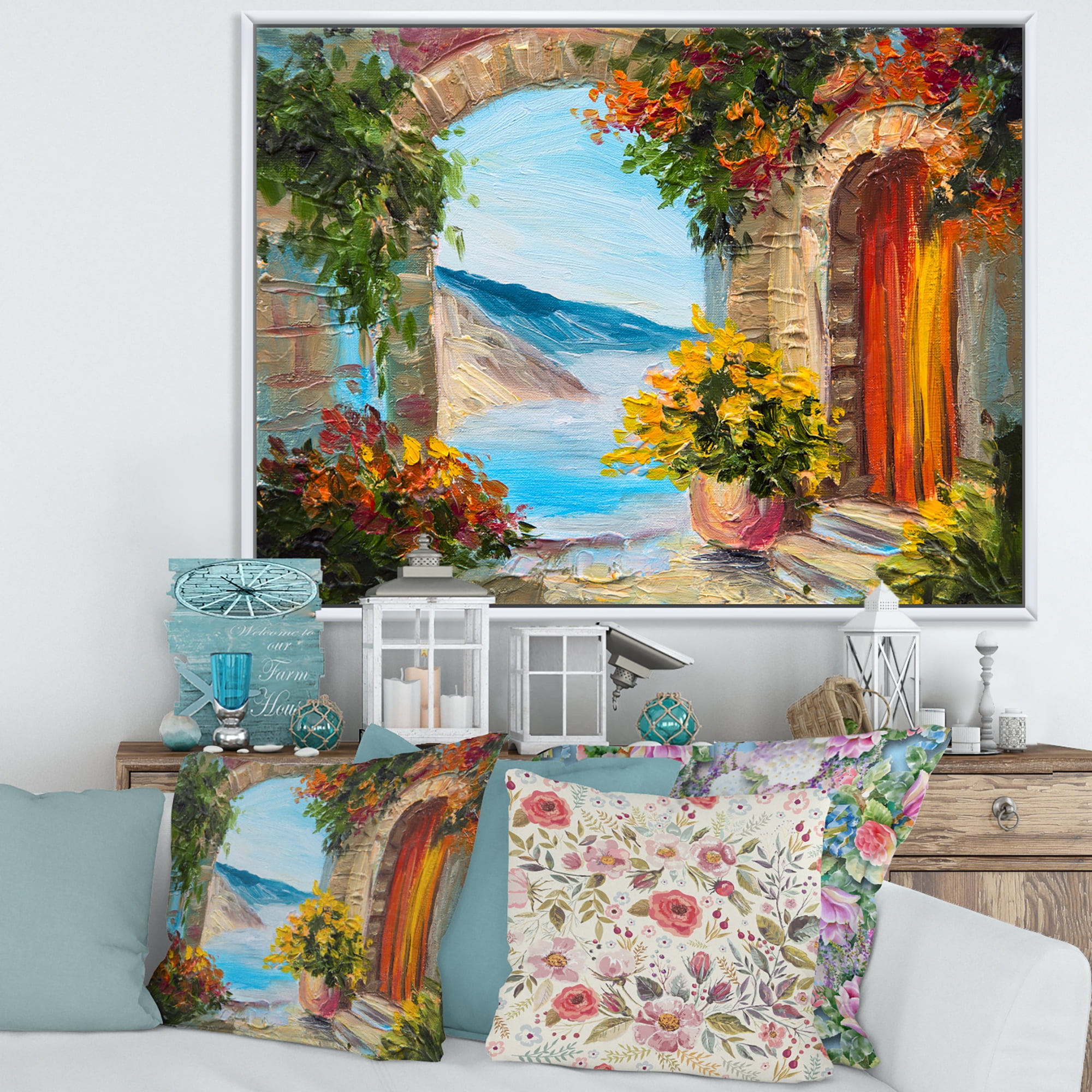 House With Colorful Flowers Near The Sea Summer Season 32 in x 24 in Framed Painting Canvas Art Print, by Designart