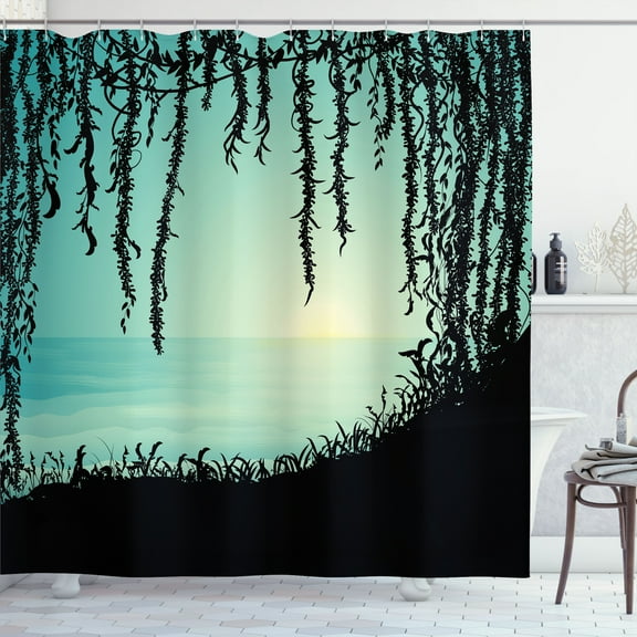 Ambesonne Dreamy Jungle Shower Curtain, Liana Cave and Sea, 69"Wx70"L, Pale Green Charcoal Grey