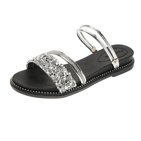 

adviicd Flats Shoes for Women Summer Ladies Fashion Summer Rhinestone Slip On Buckle Fish Mouth Rubber Flats Shoes for Women