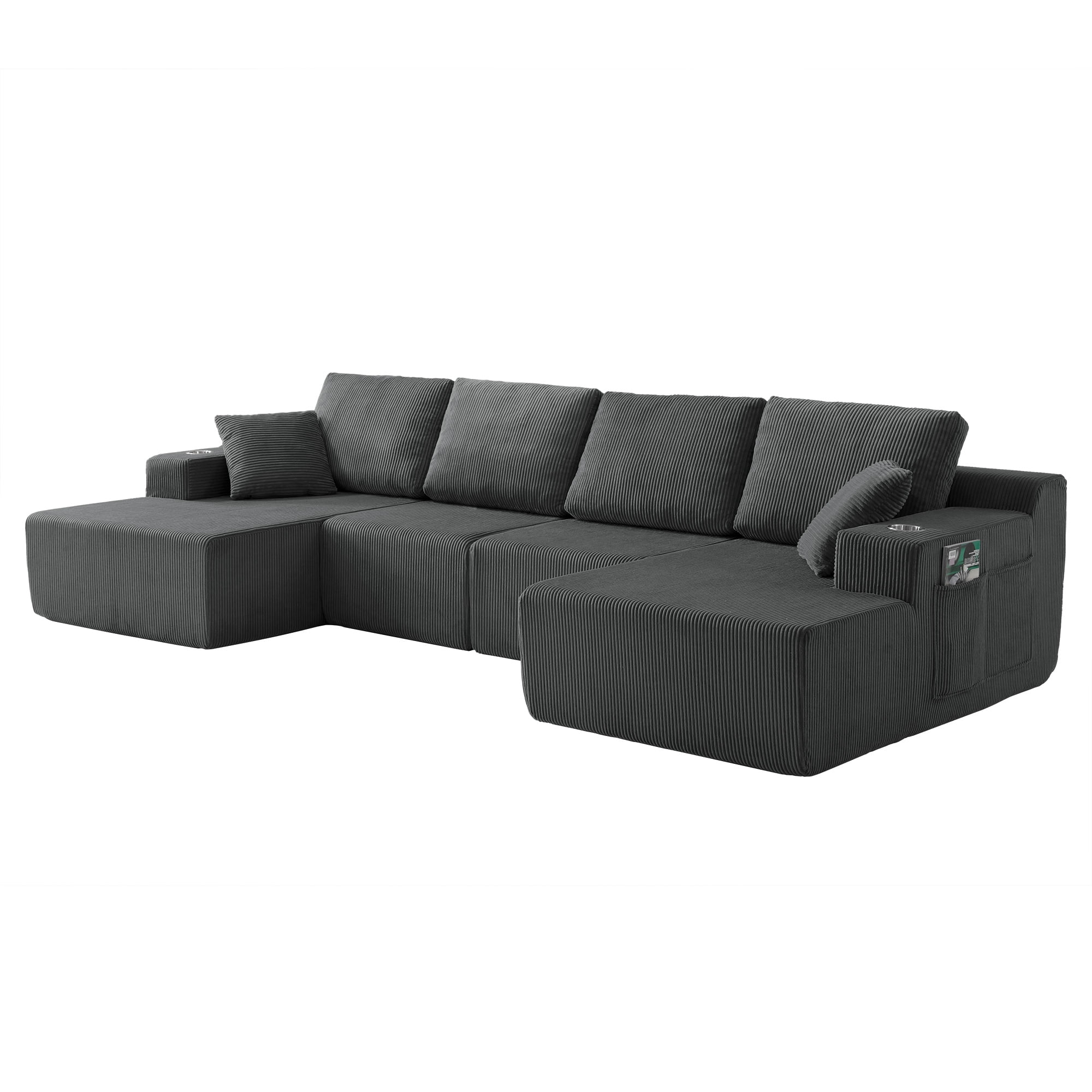 Leumius 130" U Shaped Sectional Couches with Chaise,Modern Deep Seat Boneless Corduroy Cloud Modular Sofa for Living Room,Gray