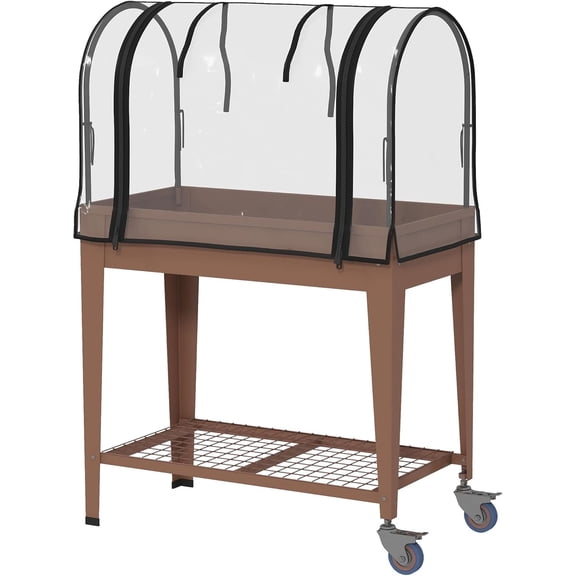 NeoNiches Raised Garden Bed with Greenhouse Cover, Lockable Wheels, Brown | Large Metal Outdoor Elevated Planter Box, Storage Shelf, Drainage Hole, for Vegetables, Flowers, Herbs