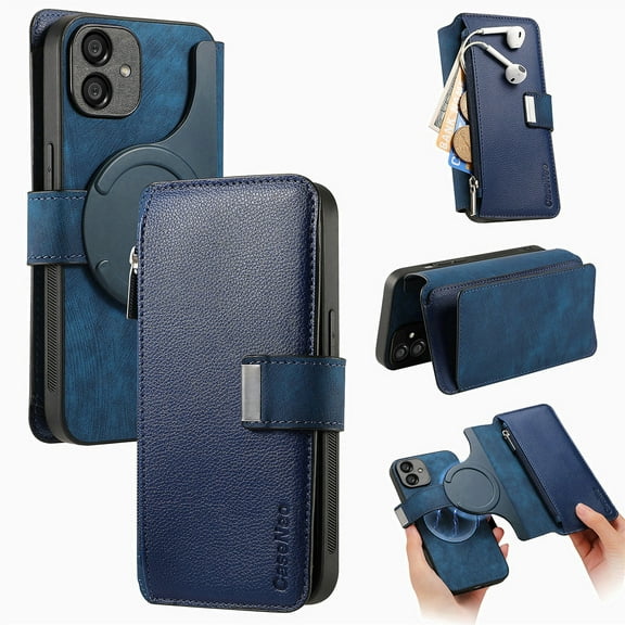 for Samsung Galaxy A05 Case Wallet, Detachable Magnetic 2-in-1 Wallet Flip Case for Women Men with RFID Blocking Card Slots Zipper Pocket Kickstand PU Leather Cover for Galaxy A05, Blue