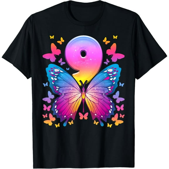 9th Birthday, Girl 9 Years, Butterfly, Number 9 T-Shirt