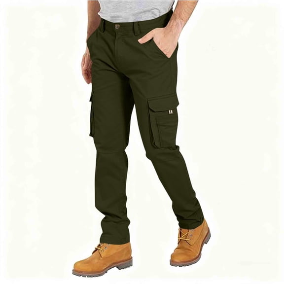 DPTALR Men's Fashionable Solid-Color Loose Work Pants,Outdoor Casual Multi-Pocket Trousers with Button Details,Army Green,Big and Tall Men M