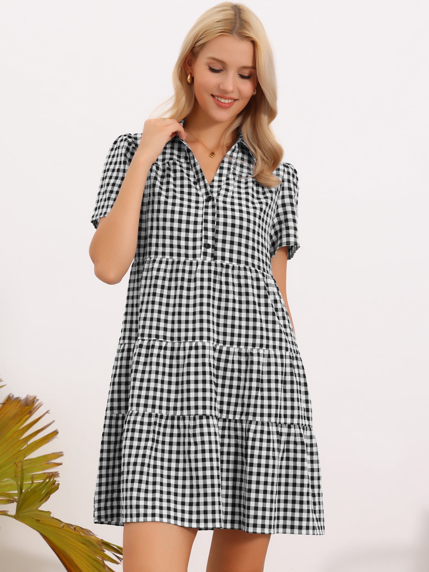 DARING DIVA Women's Vintage Collared V Neck Short Sleeve Dress XS Black