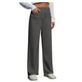 thumbnail image 1 of Women's High Waisted Work Pants - Elastic Straight Wide Leg Button Down Trousers with Pockets, 1 of 5