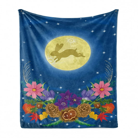 Bunny Soft Flannel Fleece Throw Blanket, Dreamy Illustration of a Rabbit Silhouette up in the Night Sky Moon and Flowers, Cozy Plush for Indoor and Outdoor Use, 60" x 80", Multicolor, by Ambesonne