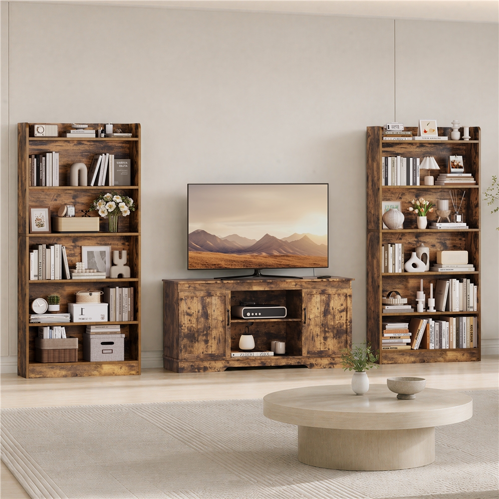 Renwick 6-Tier Open Shelf Bookcase with Top Open Compartment, Set of 2, Rustic Brown