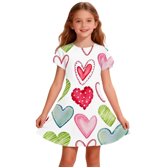 shoper Girls' Dresses 5t, Girls Valentine Heart Print Short Sleeve Party Dress Toddler Gown for