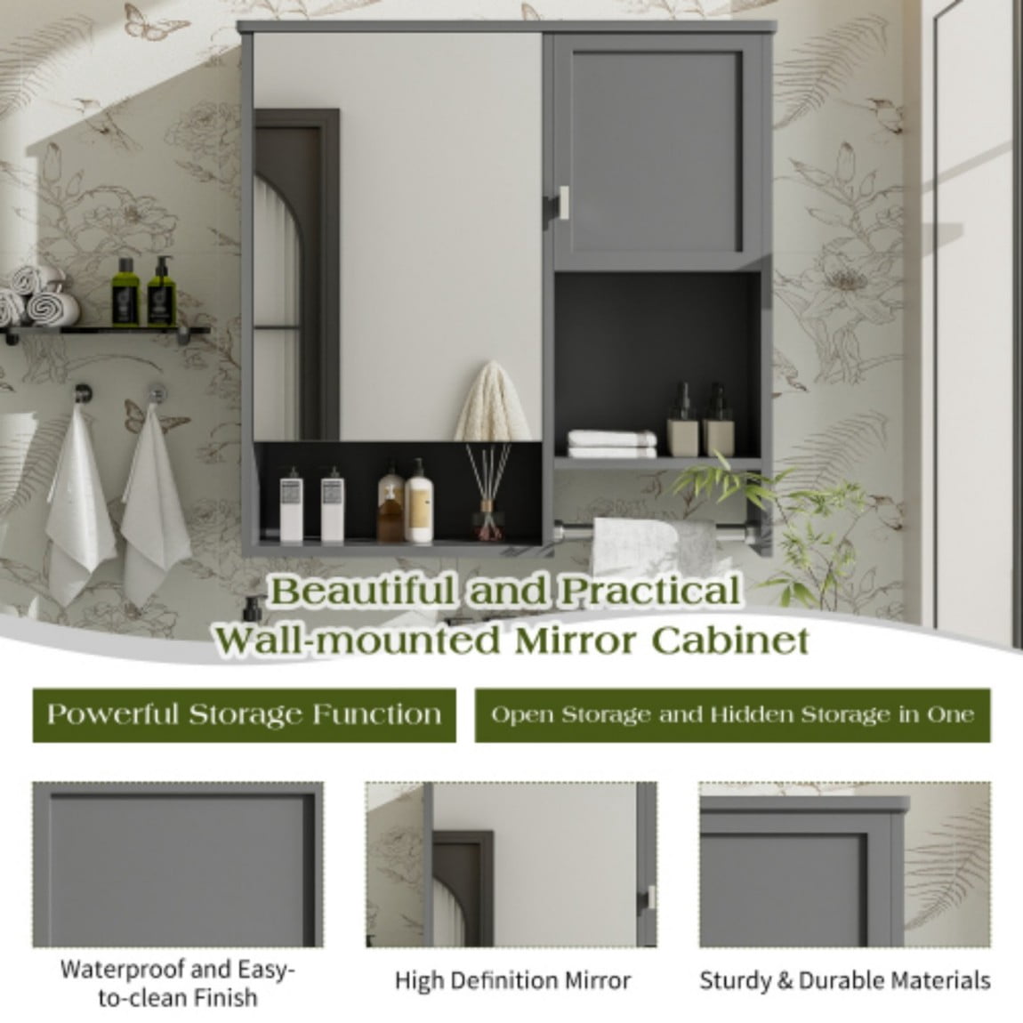 29"x 28" Modern Wall Mounted Bathroom Medicine Cabinet with Mirror, Over The Toilet Storage Cabinet, Adjustable Shelf Bathroom Wall Cabinet with Towel Bar, Gray