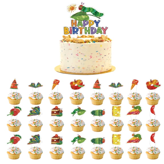 Green Caterpillar Butterfly Dessert Cake Cupcake Topper Baby Shower Reading Story Theme Decor Supplies Boys Girls Happy Birthday Decorations