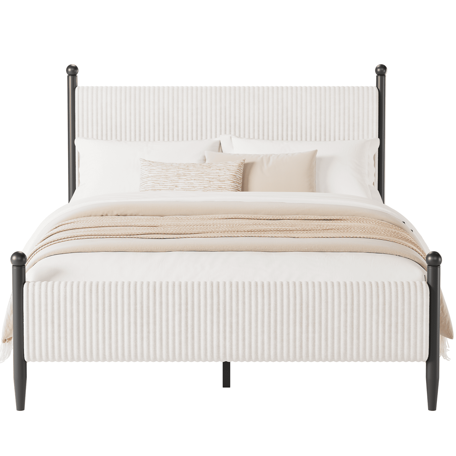 Full Size Upholstered Bed Frame with Velvet Headboard, Soft Corduroy Fabric Platform Bed with Wooden Slats Support, No Box Spring Needed, White