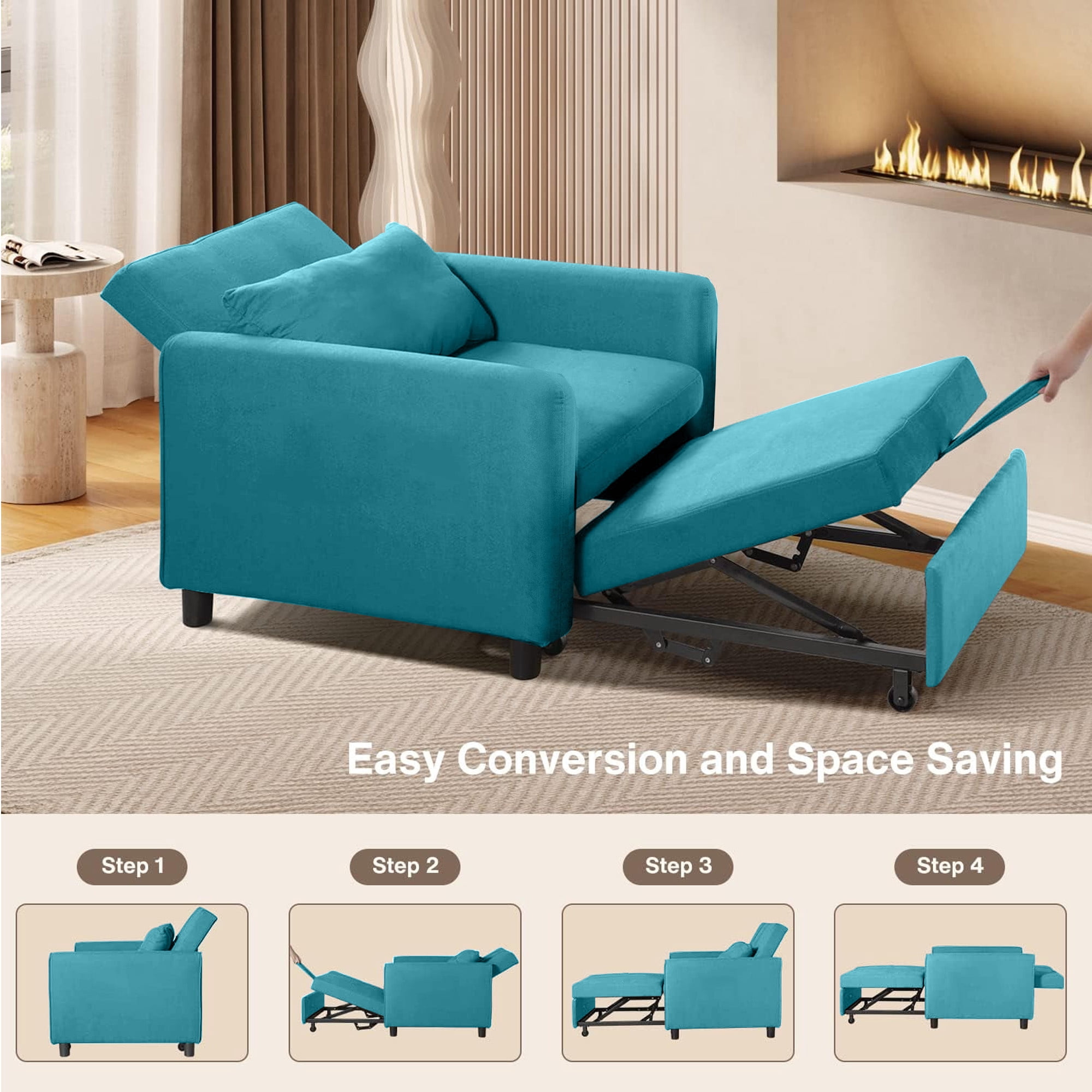 Aukfa 75" Convertible Chaise Futon Pull Out Sofa Chair Bed, Adjustable Backrest, Linen, Blue