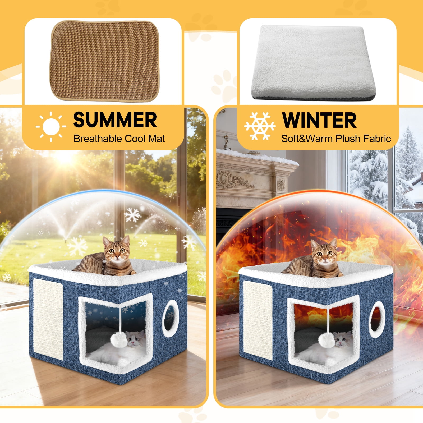 Cat Bed YUWENUS Cat House for Indoor Cats with 2 Cushion, Large Cat Cave with Scratch Pad and Fluffy Ball Hanging,Blue